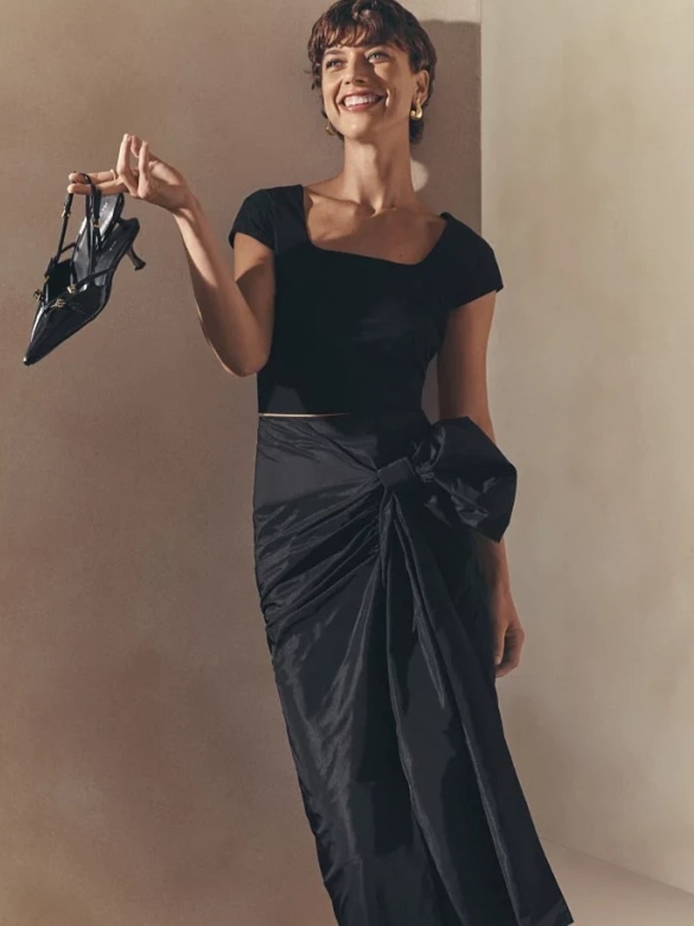 NWT Ann Taylor Draped Bow Tafetta Column Midi Skirt~Black
